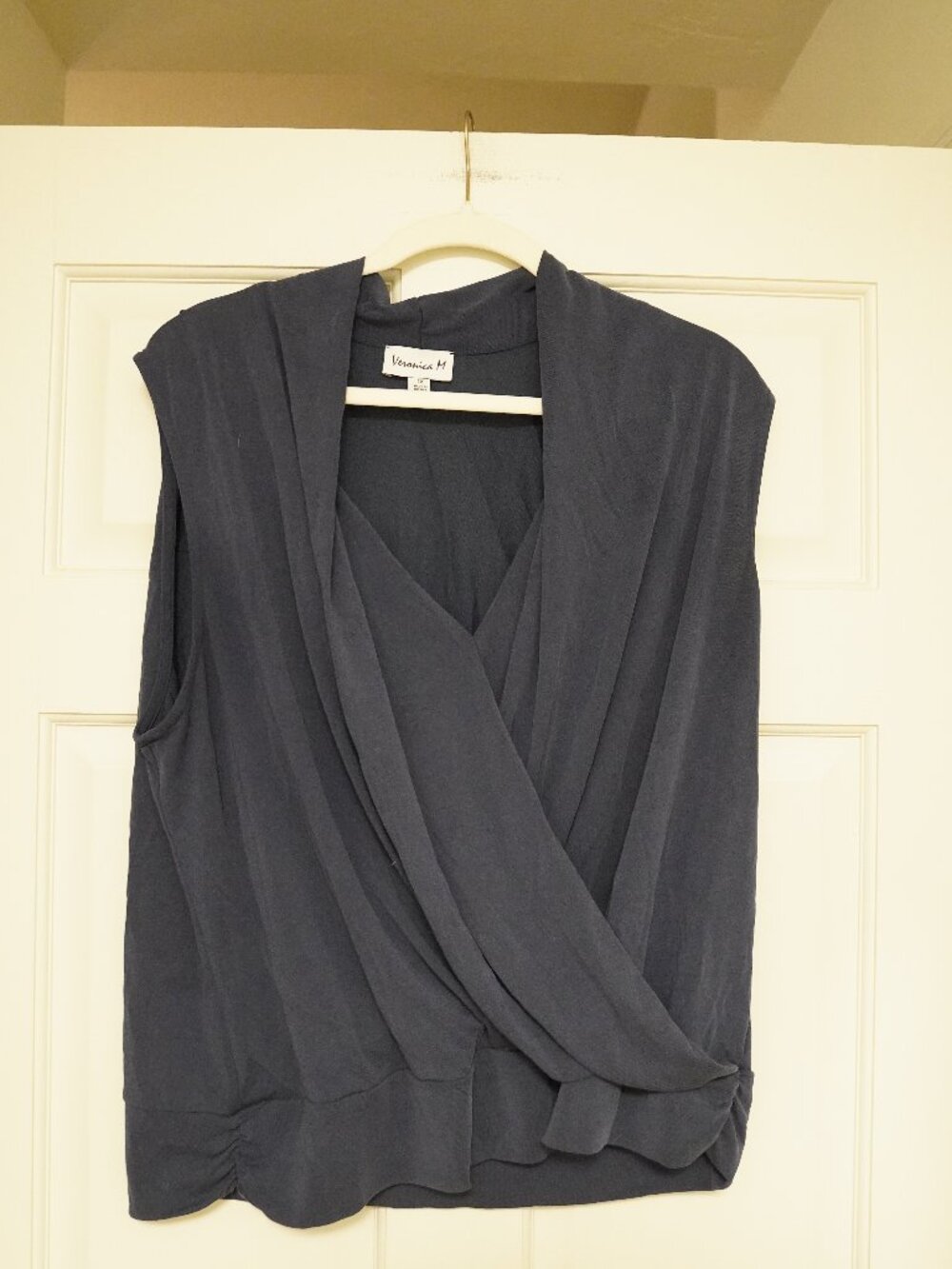 Veronica M Blue Draped Surplice Drapey Sleeveless Top 1X